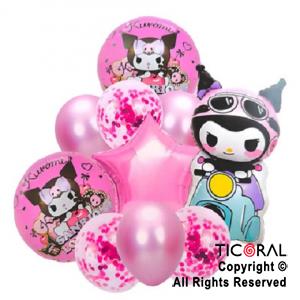 SET DE GLOBOS METALIZADOS KUROMI Y LATEX CON CONFETI x 10 UNIDADES